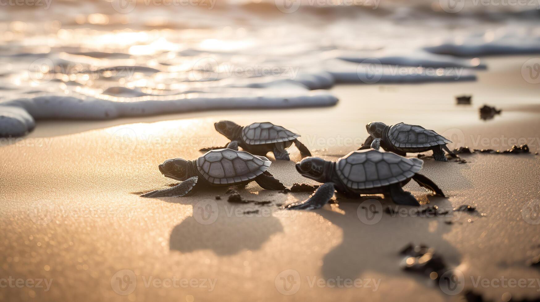 . . Macro shot of turtles running to the water ocean sea. Photo of national geography style. Graphic Art