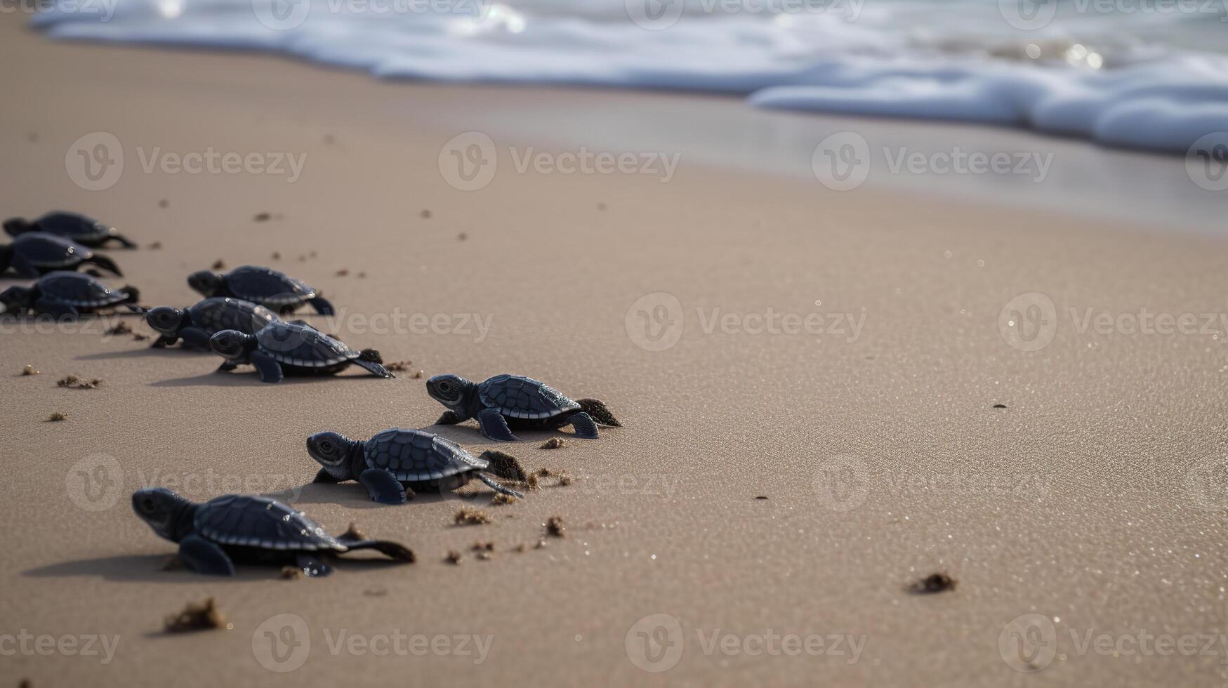 . . Macro shot of turtles running to the water ocean sea. Photo of national geography style. Graphic Art