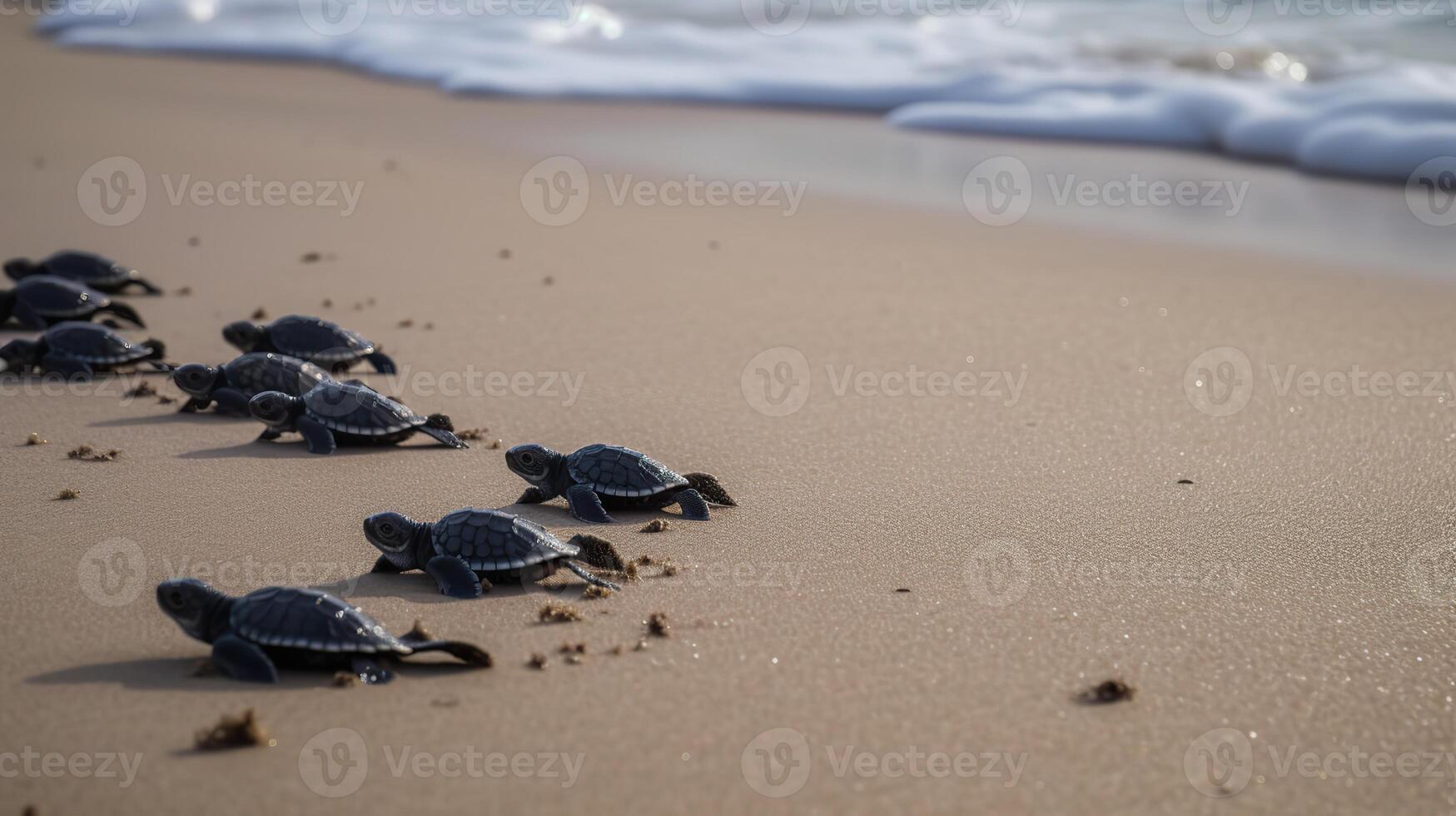 ai generado. ai generativo. macro Disparo de tortugas corriendo a el agua Oceano mar. foto de nacional geografía estilo. gráfico Arte