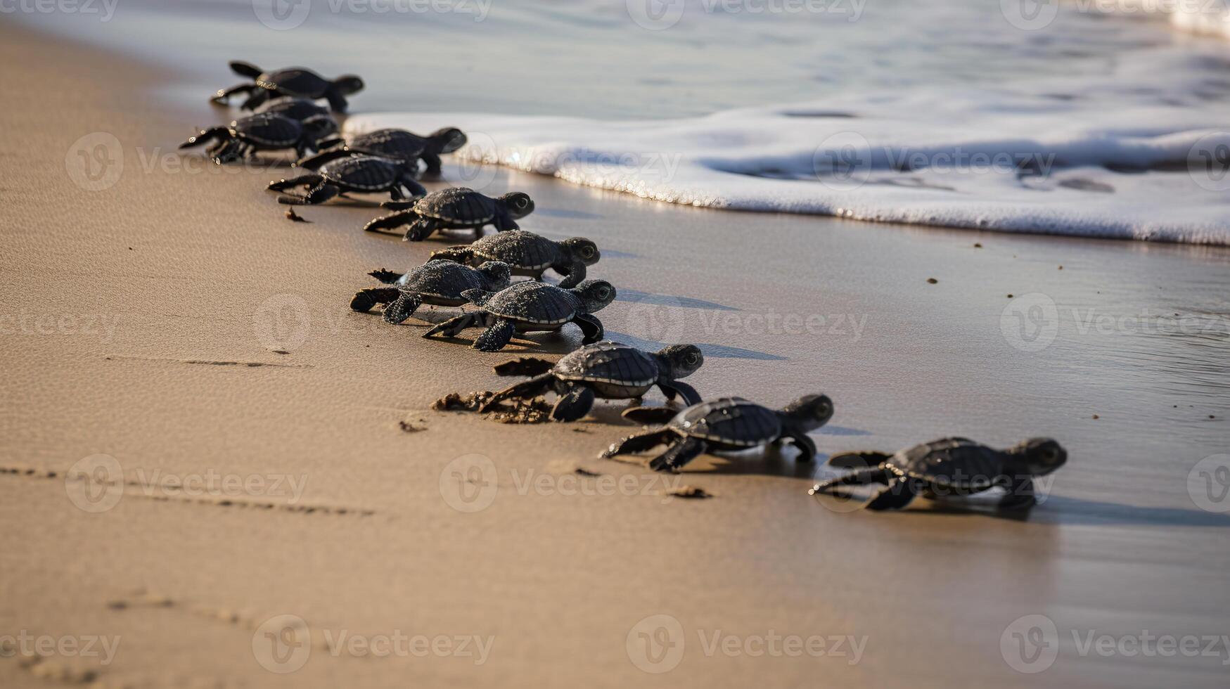 . . Macro shot of turtles running to the water ocean sea. Photo of national geography style. Graphic Art