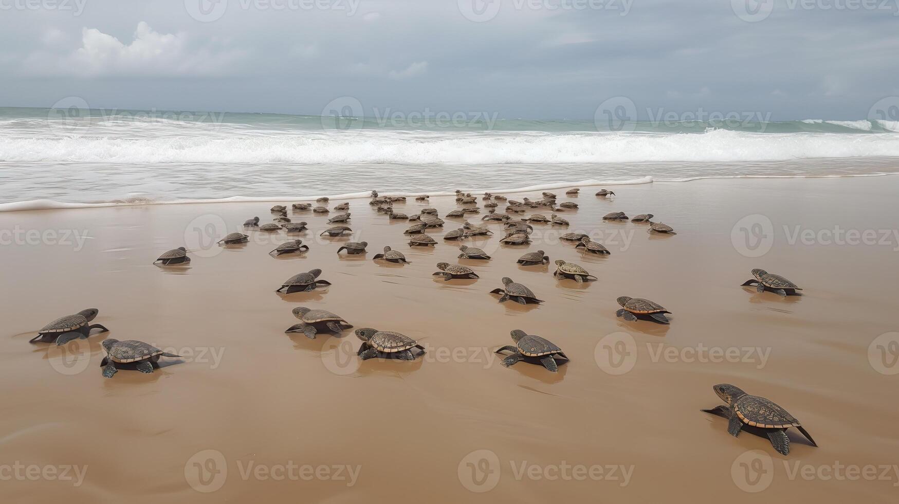 . . Macro shot of turtles running to the water ocean sea. Photo of national geography style. Graphic Art