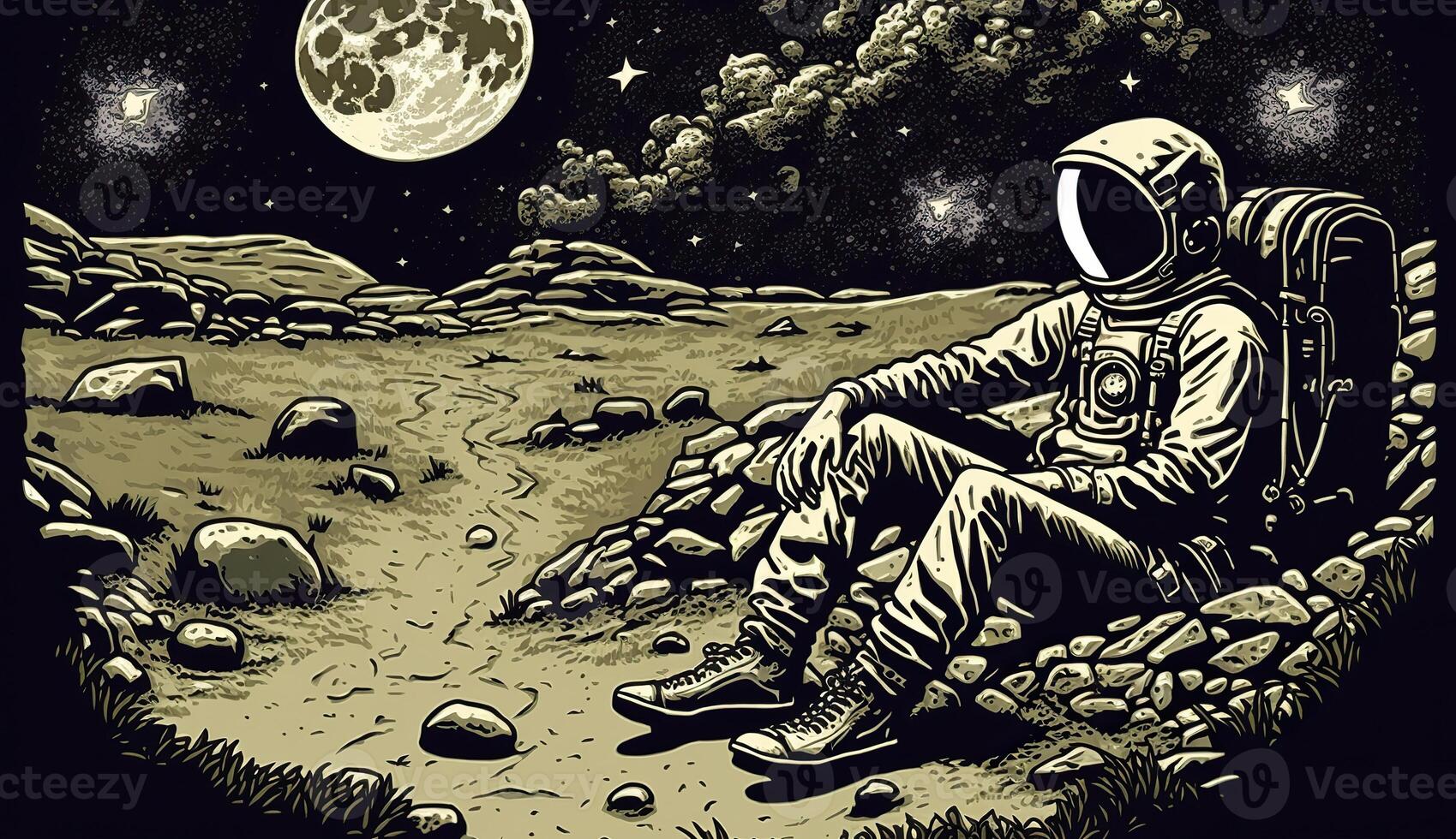 . . Lonely astronaut at galaxy space moon surface. Can be used for graphic design or home posters decoration. Graphic Art. photo