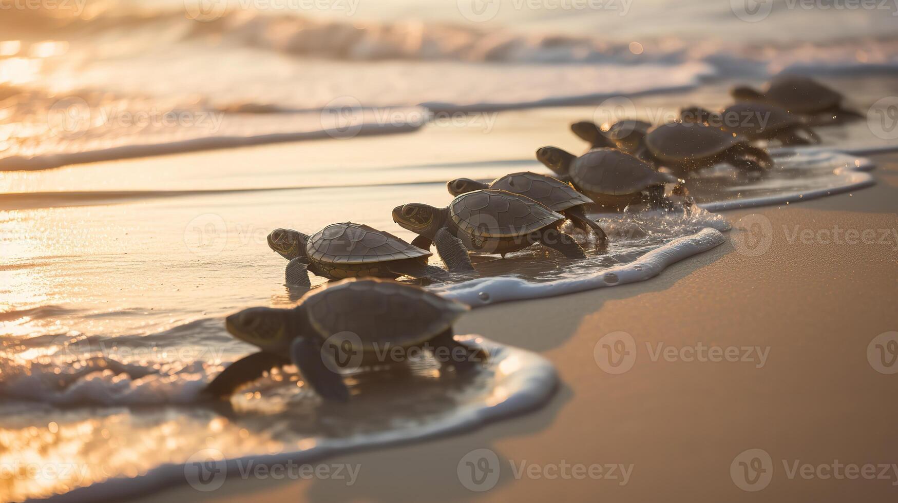 ai generado. ai generativo. macro Disparo de tortugas corriendo a el agua Oceano mar. foto de nacional geografía estilo. gráfico Arte