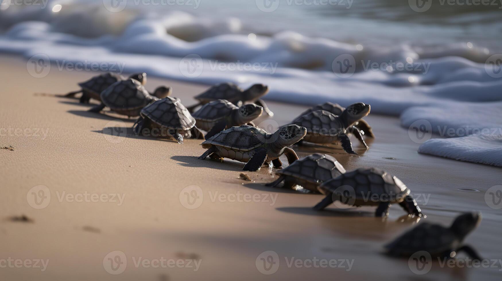 . . Macro shot of turtles running to the water ocean sea. Photo of national geography style. Graphic Art