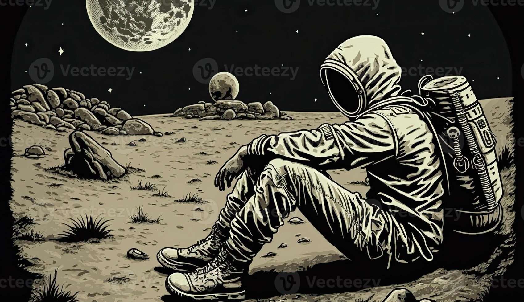 . . Lonely astronaut at galaxy space moon surface. Can be used for graphic design or home posters decoration. Graphic Art. photo