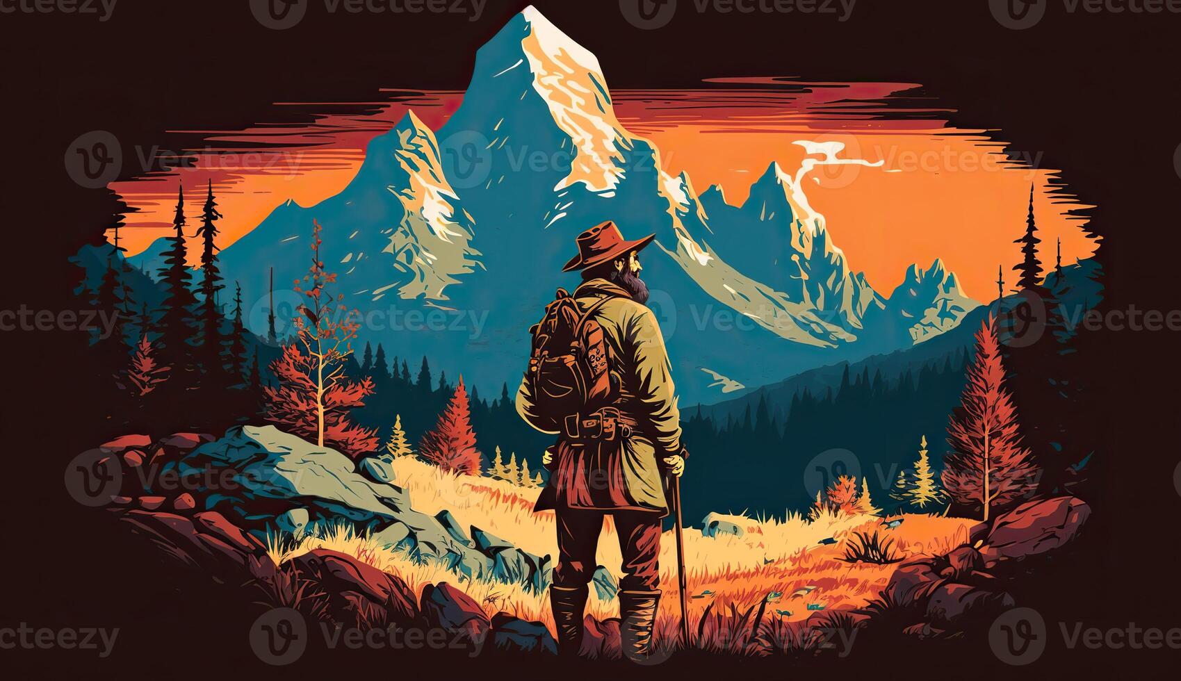 ai generado. ai generativo. aventuras al aire libre naturaleza motivacional póster con hombre en pie en fron de un montaña. gráfico Arte foto