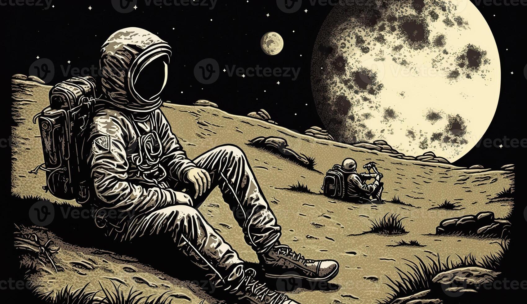 . . Lonely astronaut at galaxy space moon surface. Can be used for graphic design or home posters decoration. Graphic Art. photo