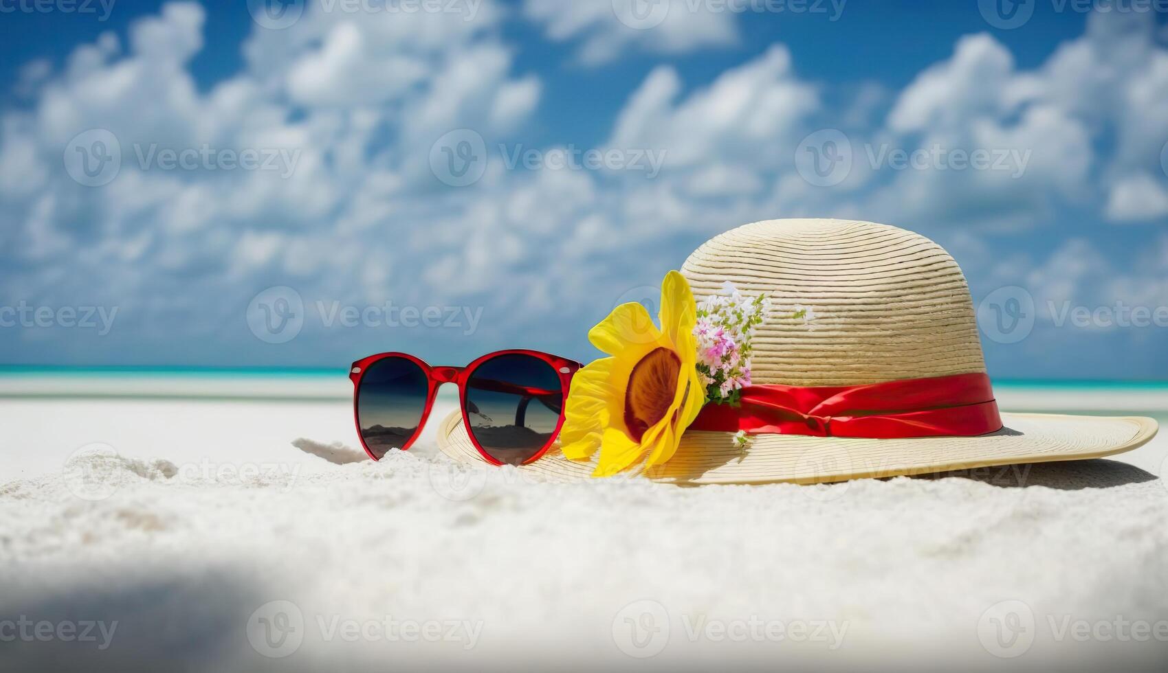 . . Macro photo shot of realistic hat with sunglasses. Beach adventure paradise tropical relax vacation vibe. Graphic Art