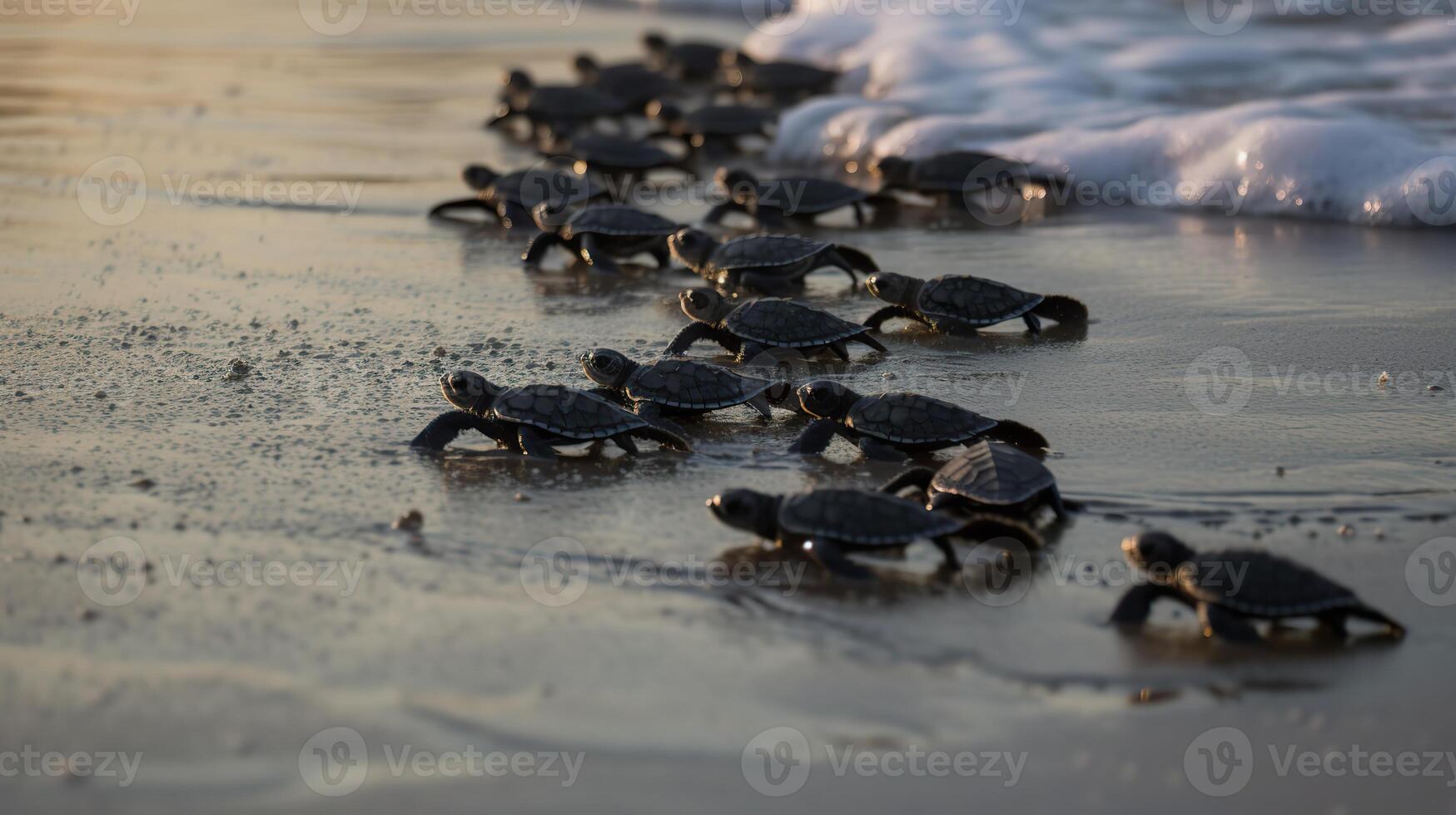 . . Macro shot of turtles running to the water ocean sea. Photo of national geography style. Graphic Art