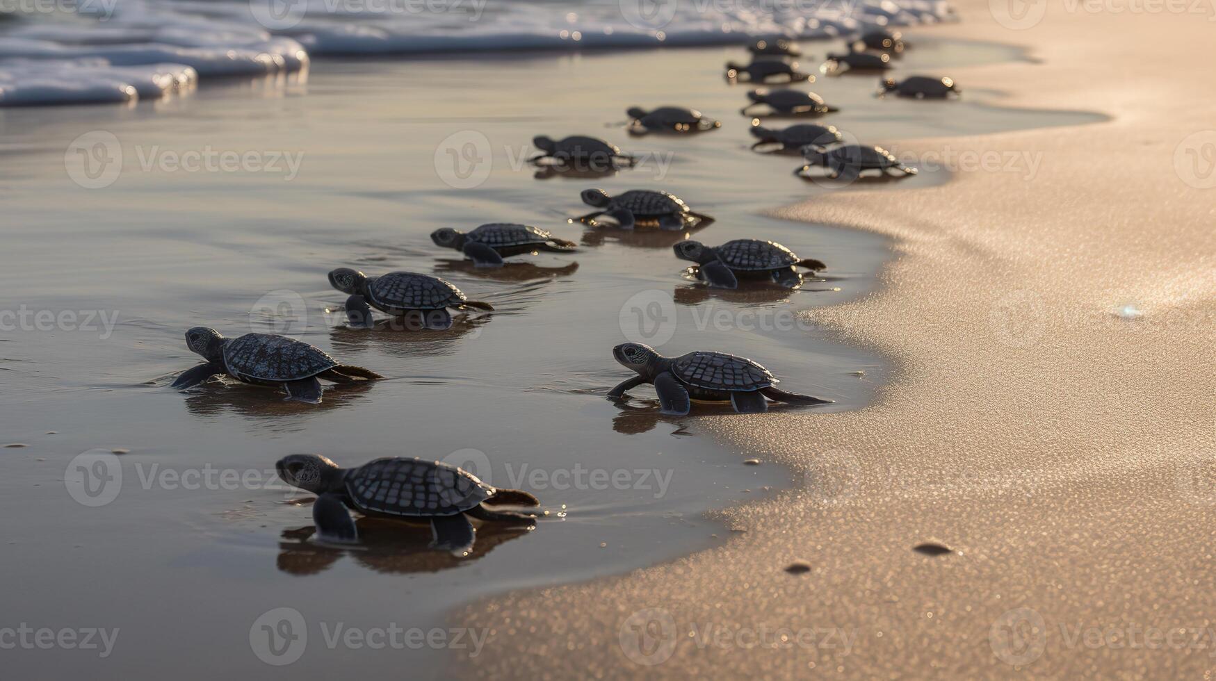 . . Macro shot of turtles running to the water ocean sea. Photo of national geography style. Graphic Art