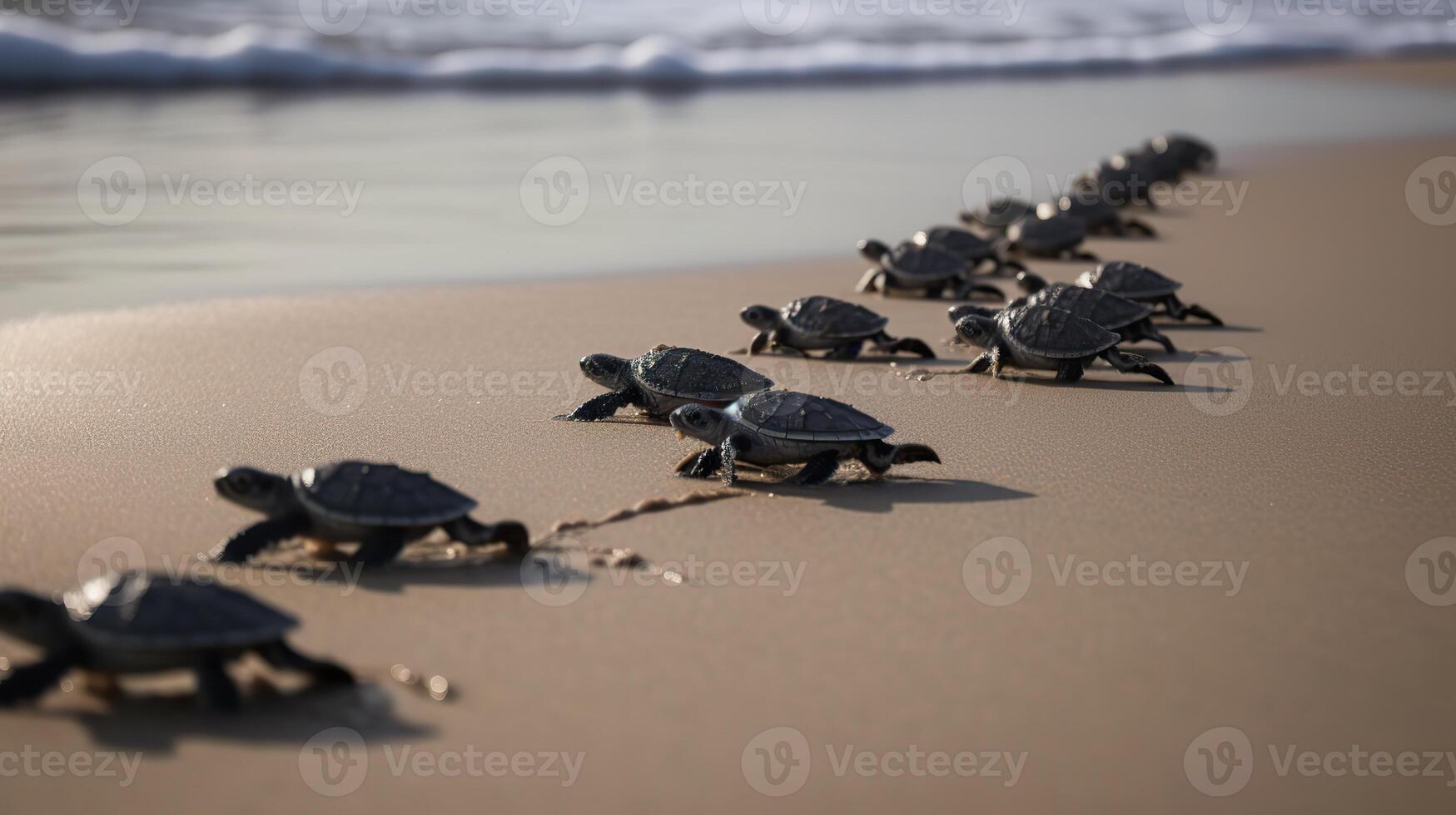 . . Macro shot of turtles running to the water ocean sea. Photo of national geography style. Graphic Art