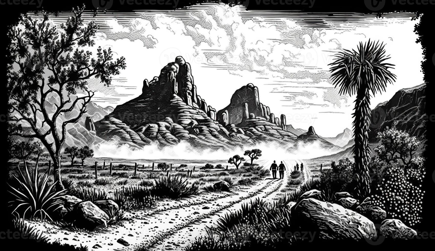 . . Native american western scene background with and rocks landscape. Can be used for home decoration. Wild west. Black and white. Graphic Art photo