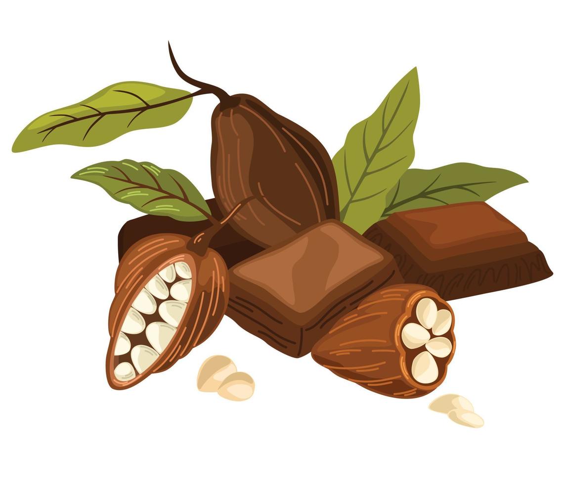 chocolate bar y cacao frijoles. dulce postre. mundo chocolate día. ideal para impresión, productos, postales dibujos animados vector ilustración aislado en el blanco antecedentes.