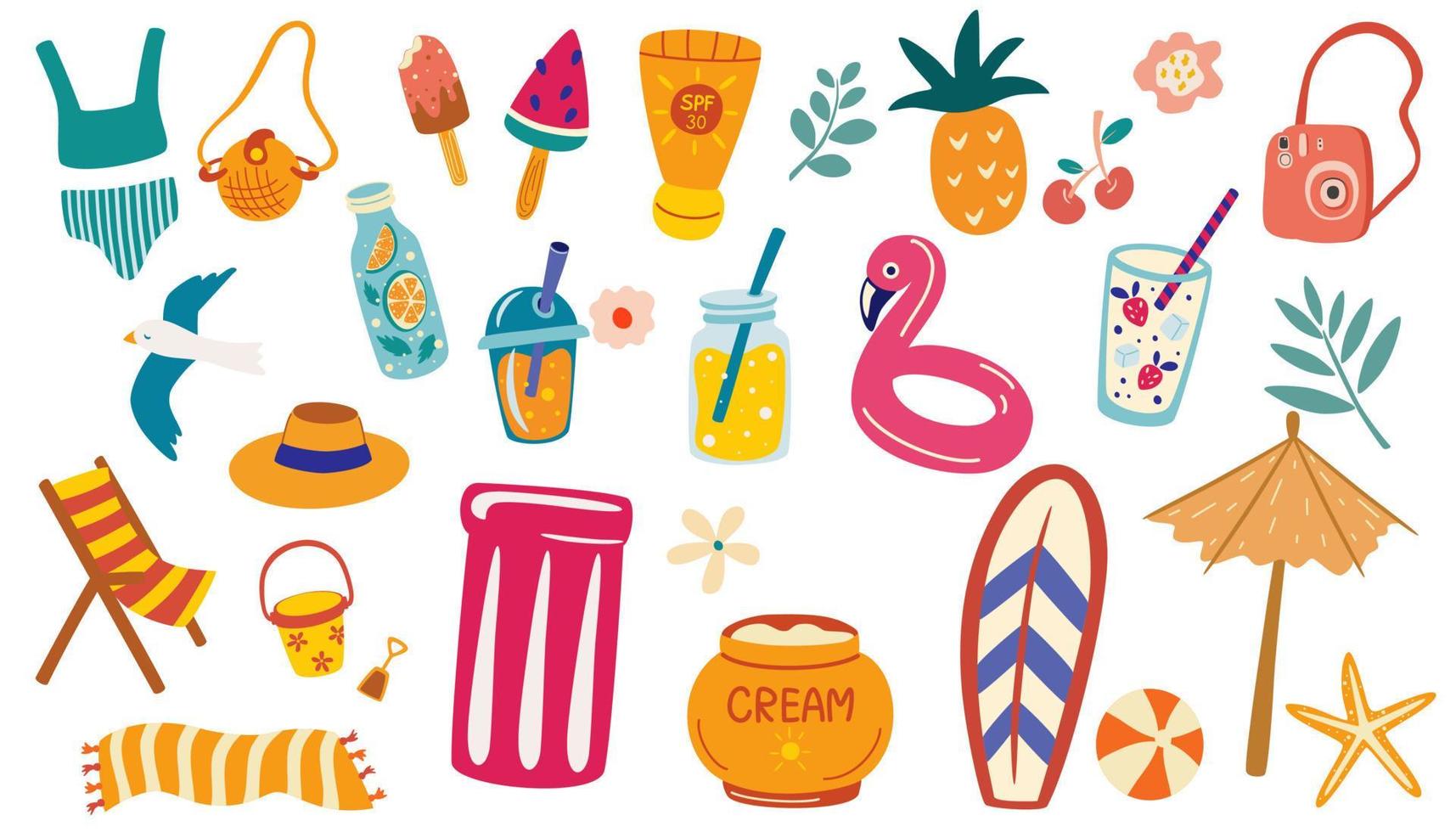 Summer items collection. Beach elements for sea holidays. Sunscreen, snorkeling mask and snorkel, travel car, surfboard, slippers, ice cream, ukulele, exotic fruits. Cartoon vector illustration