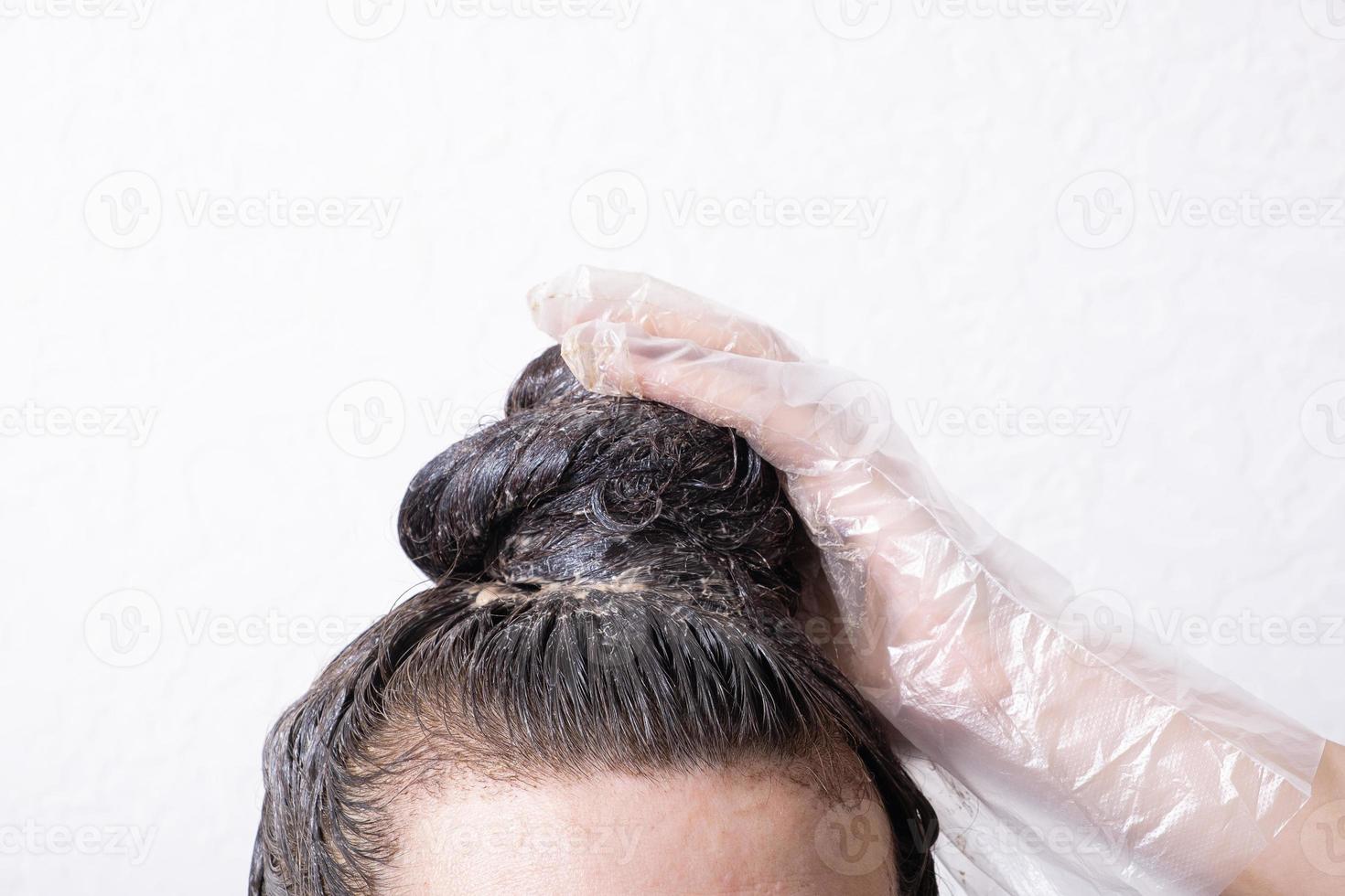 Women's hair is collected in a bun with paint applied to it and gloved hand. Hair dyeing concept photo