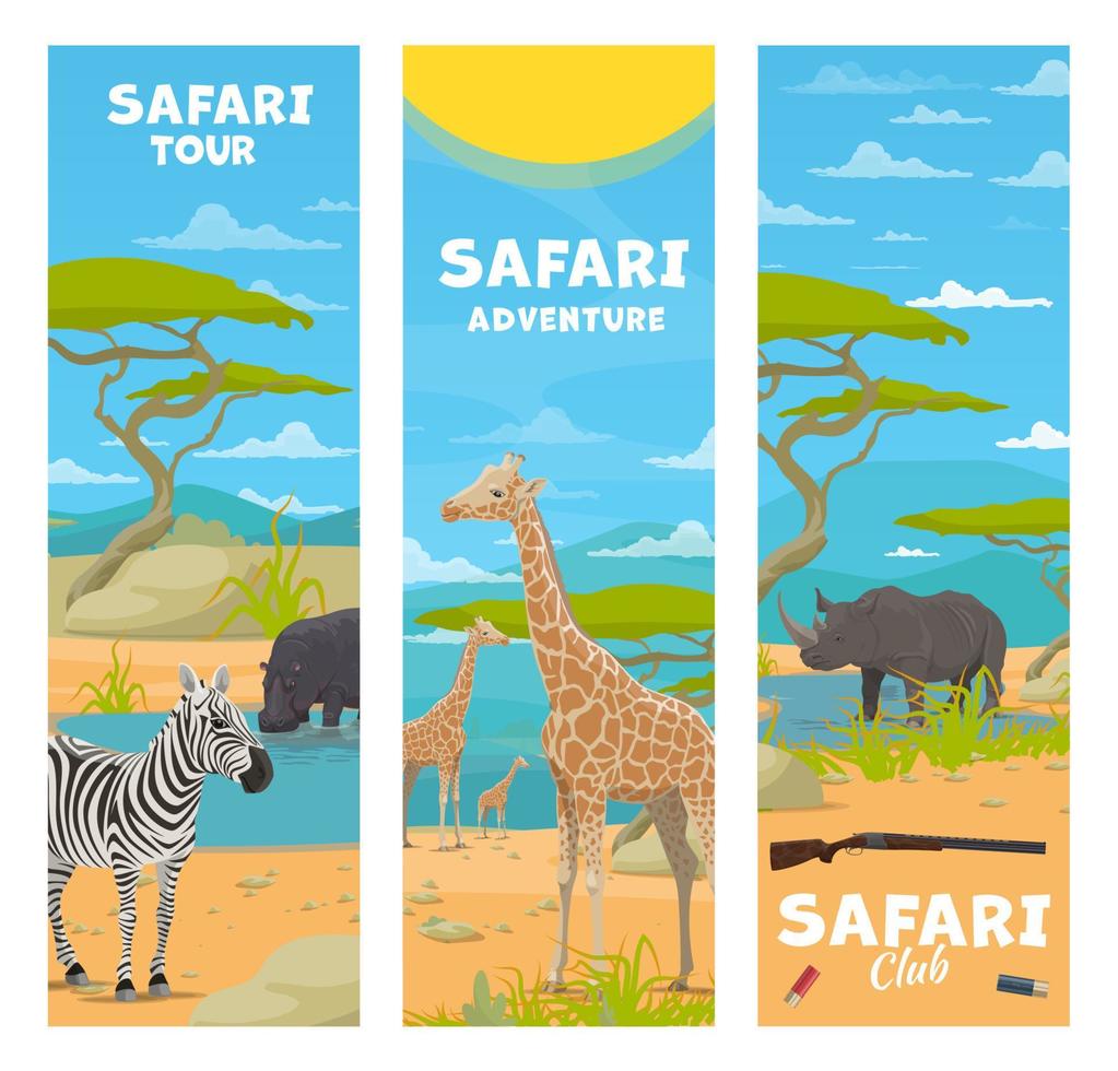 Safari hunting. Cartoon african animals at savanna vector