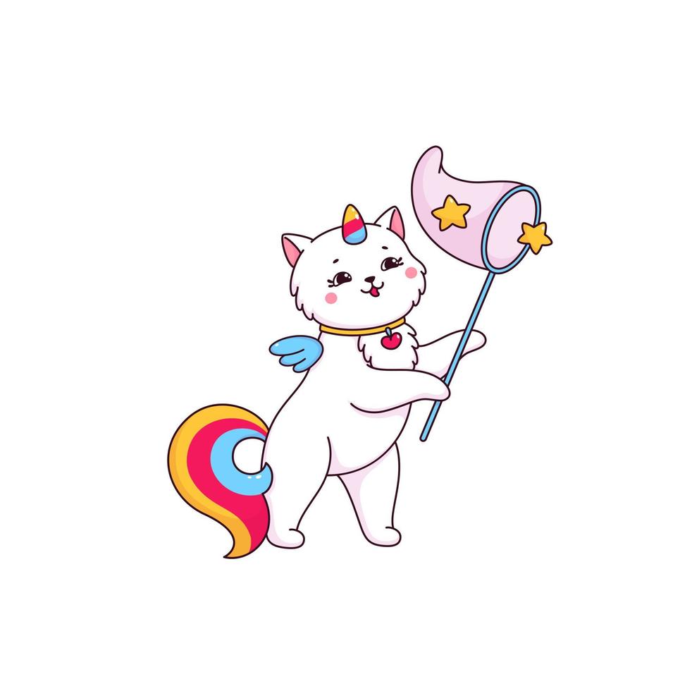 Cartoon cute caticorn character catching stars vector