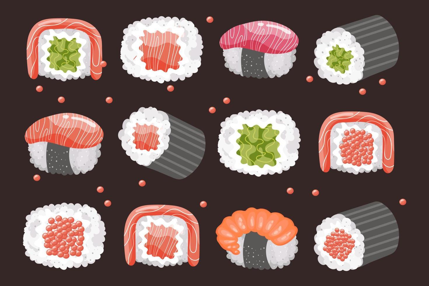 Set of sushi rolls and chopsticks on a dark background. Asian food icons, restaurant menu, vector