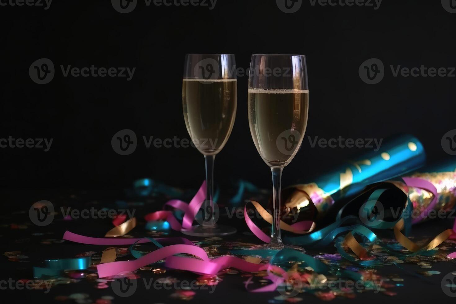 Champagne glasses and colourful streamers and glitter confetti on a happy new year background created with technology. photo