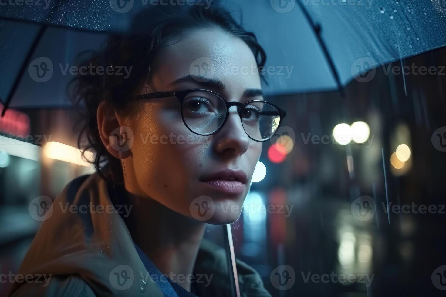 A young woman with an umbrella seen from behind walks in a modern city at night and heavy rain created with technology. photo