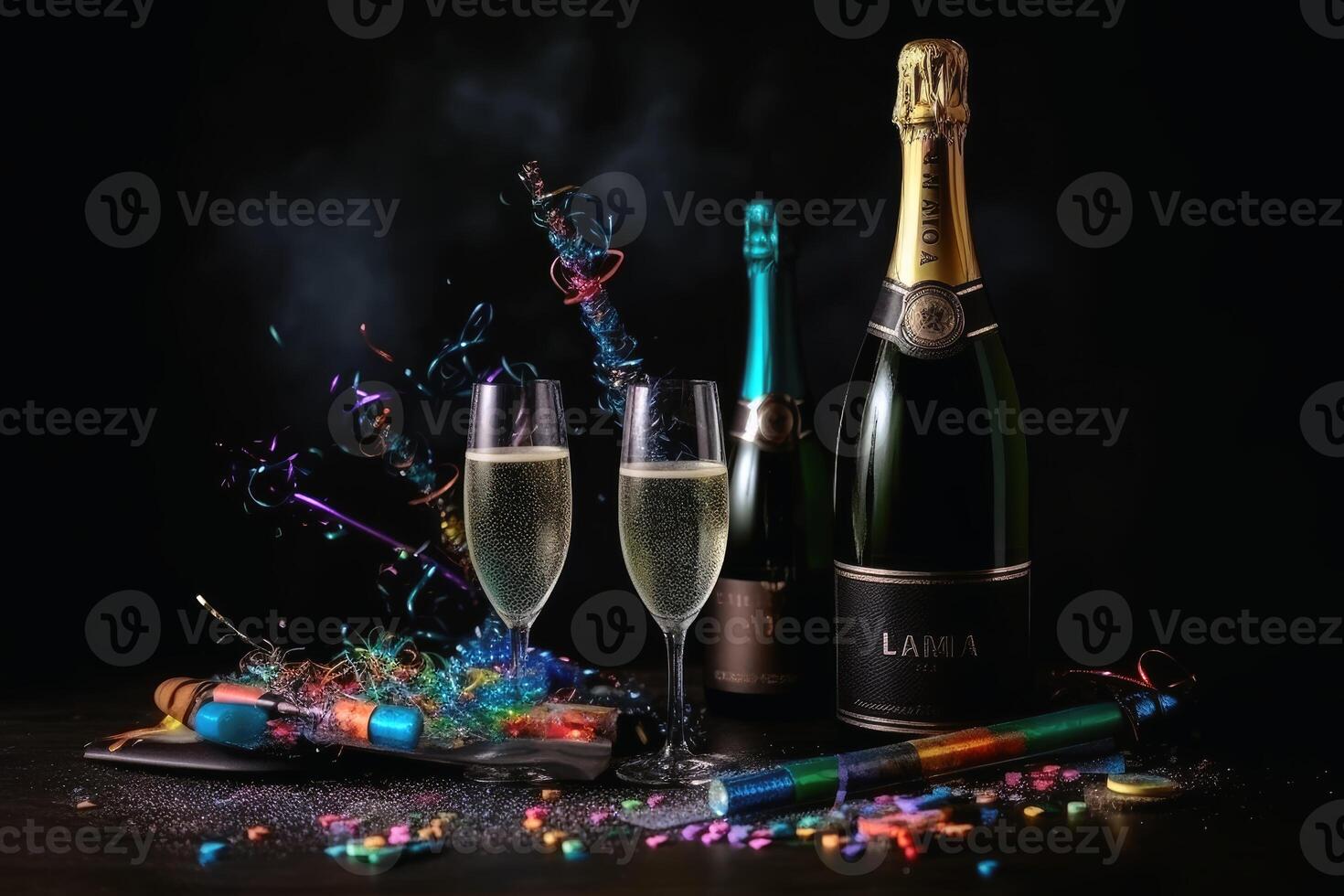 Champagne glasses and colourful streamers and glitter confetti on a happy new year background created with technology. photo