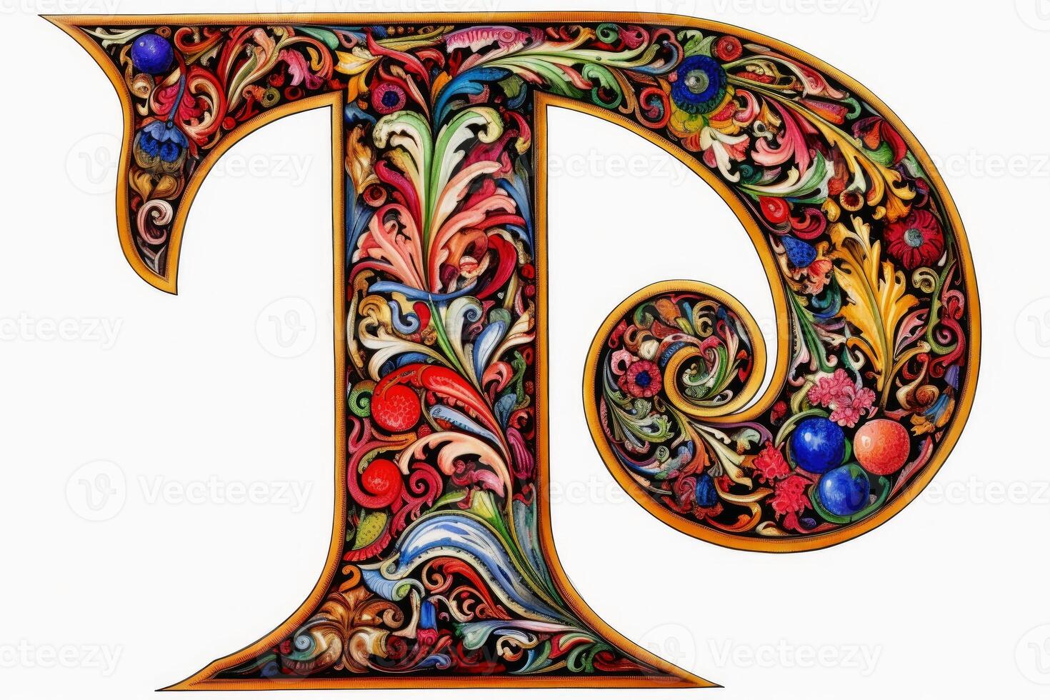 A very colourful and ornate letter T on a white background created with technology. photo