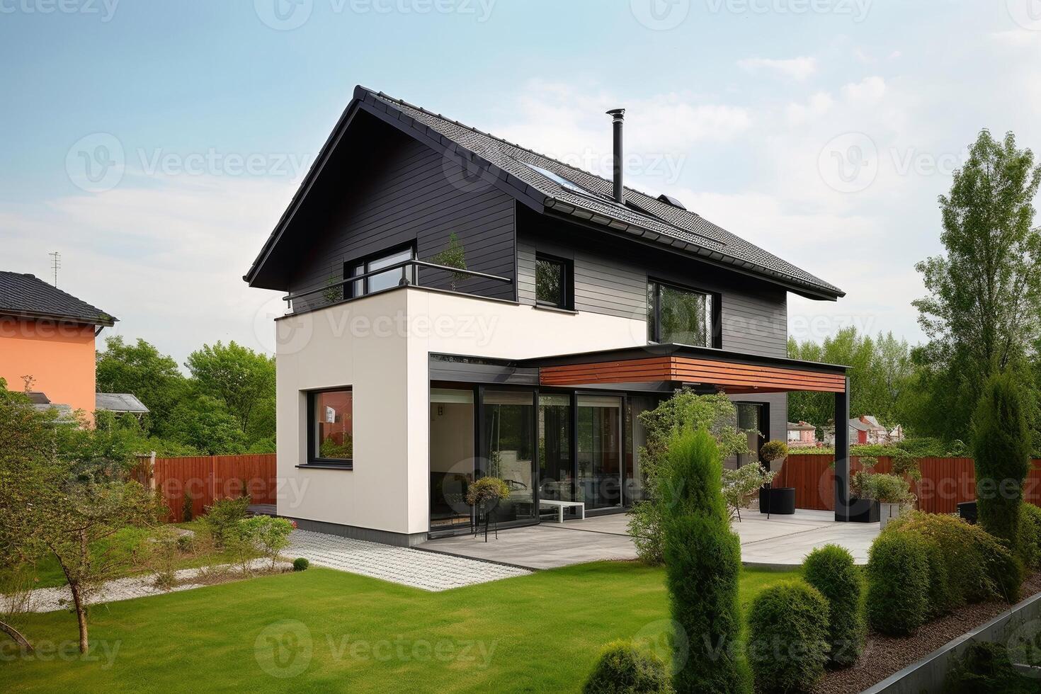 Exterior view of a modern detached house with terrace and a well-kept garden created with technology. photo