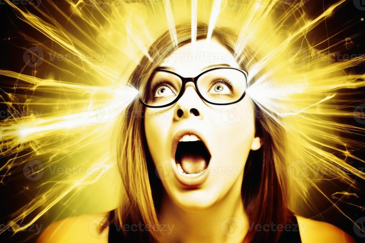 Portrait of a surprised woman in bright light created with technology. photo