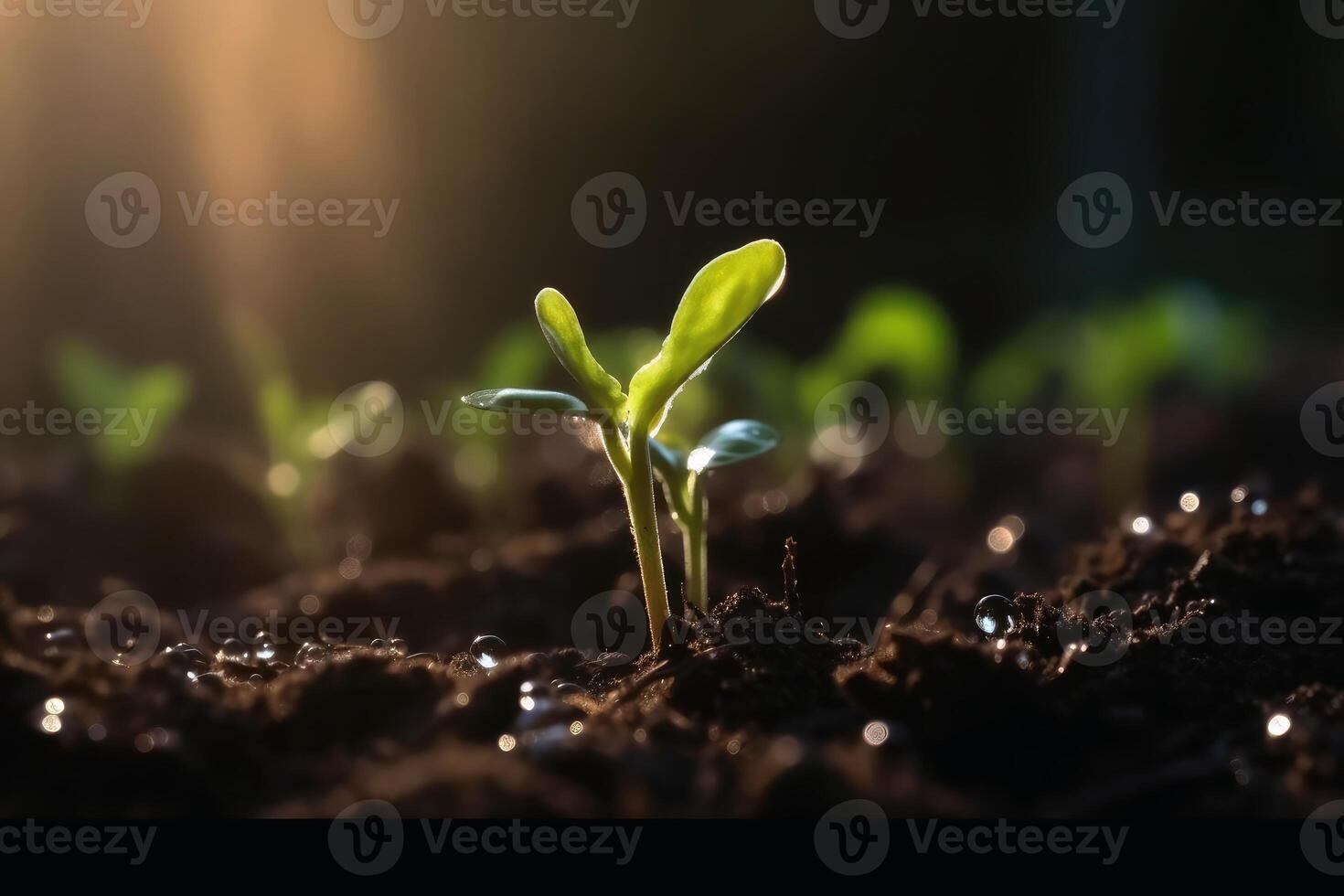 Seedling in dark soil with a drop of water in the sunlight created with technology. photo