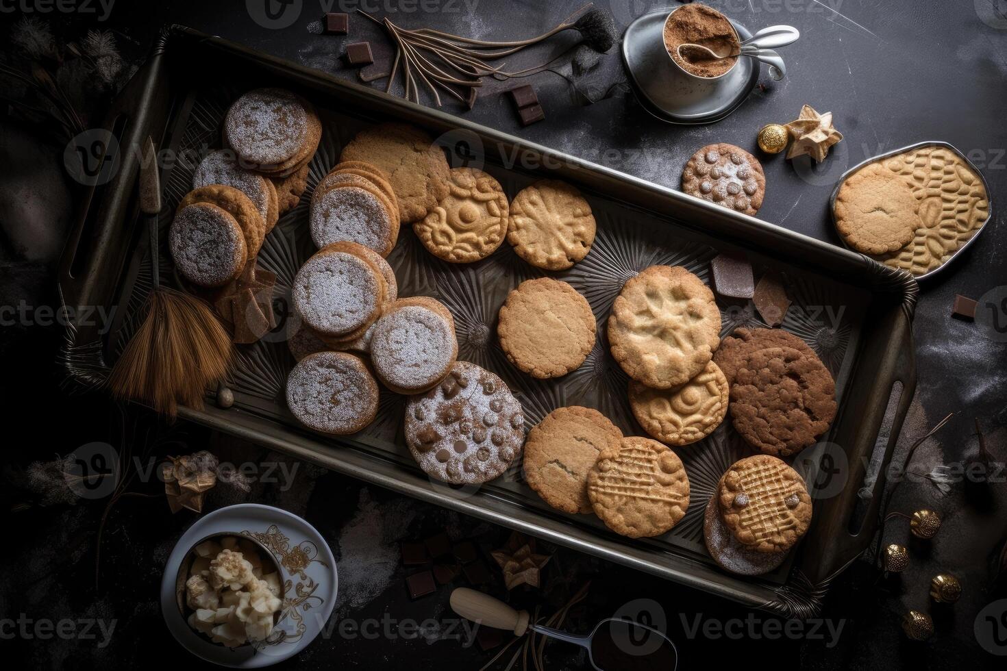 Freshly baked biscuits with lots of decoration on a baking tray created with technology. photo
