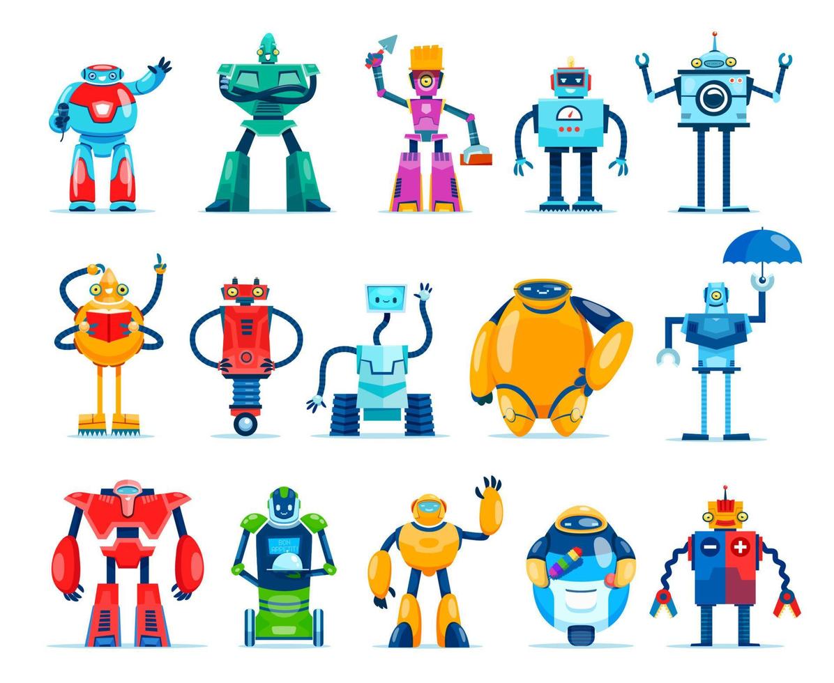 Cartoon robot characters, android, robotic cyborgs vector