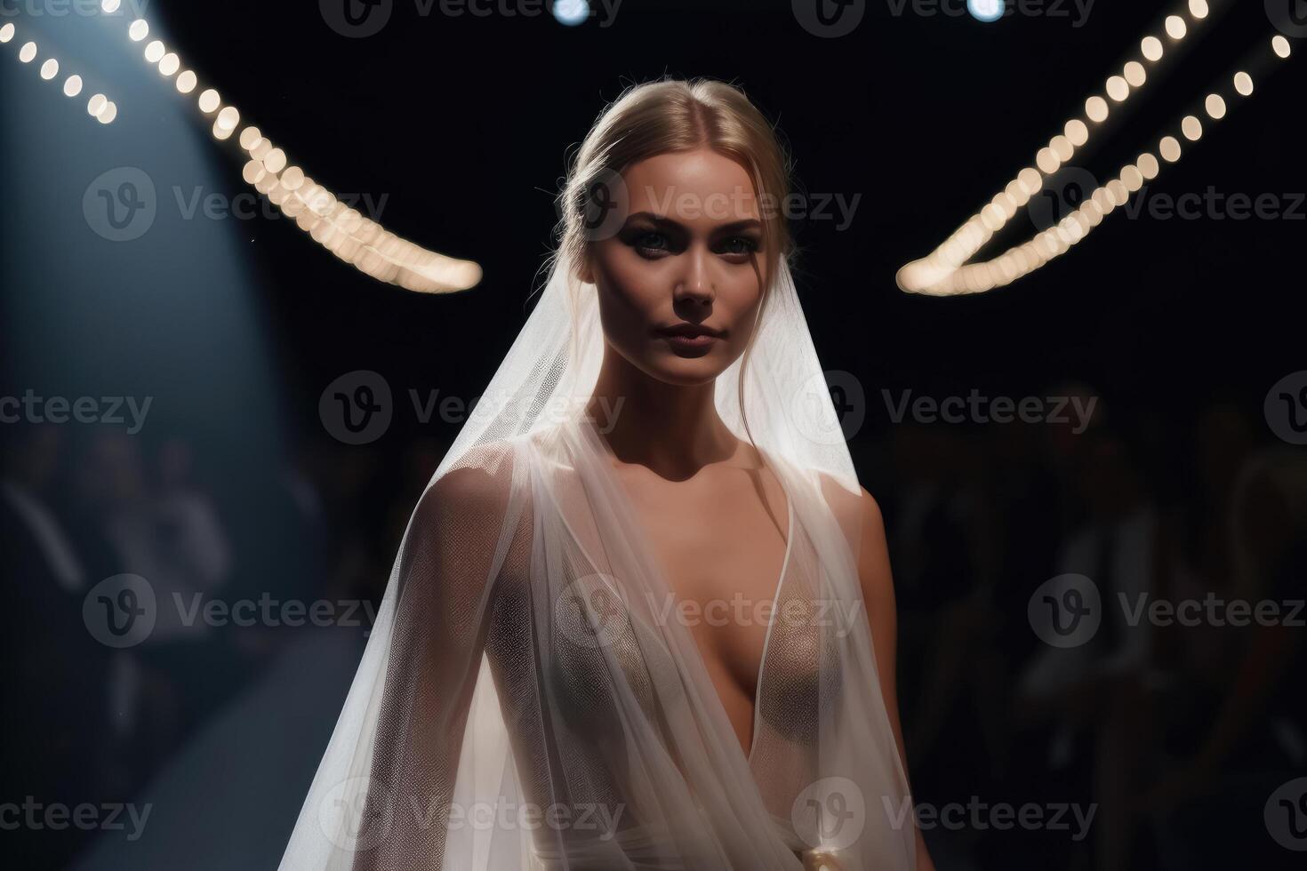 Gorgeous woman wearing a thin translucent silk veil on the catwalk at a fashion show created with technology. photo