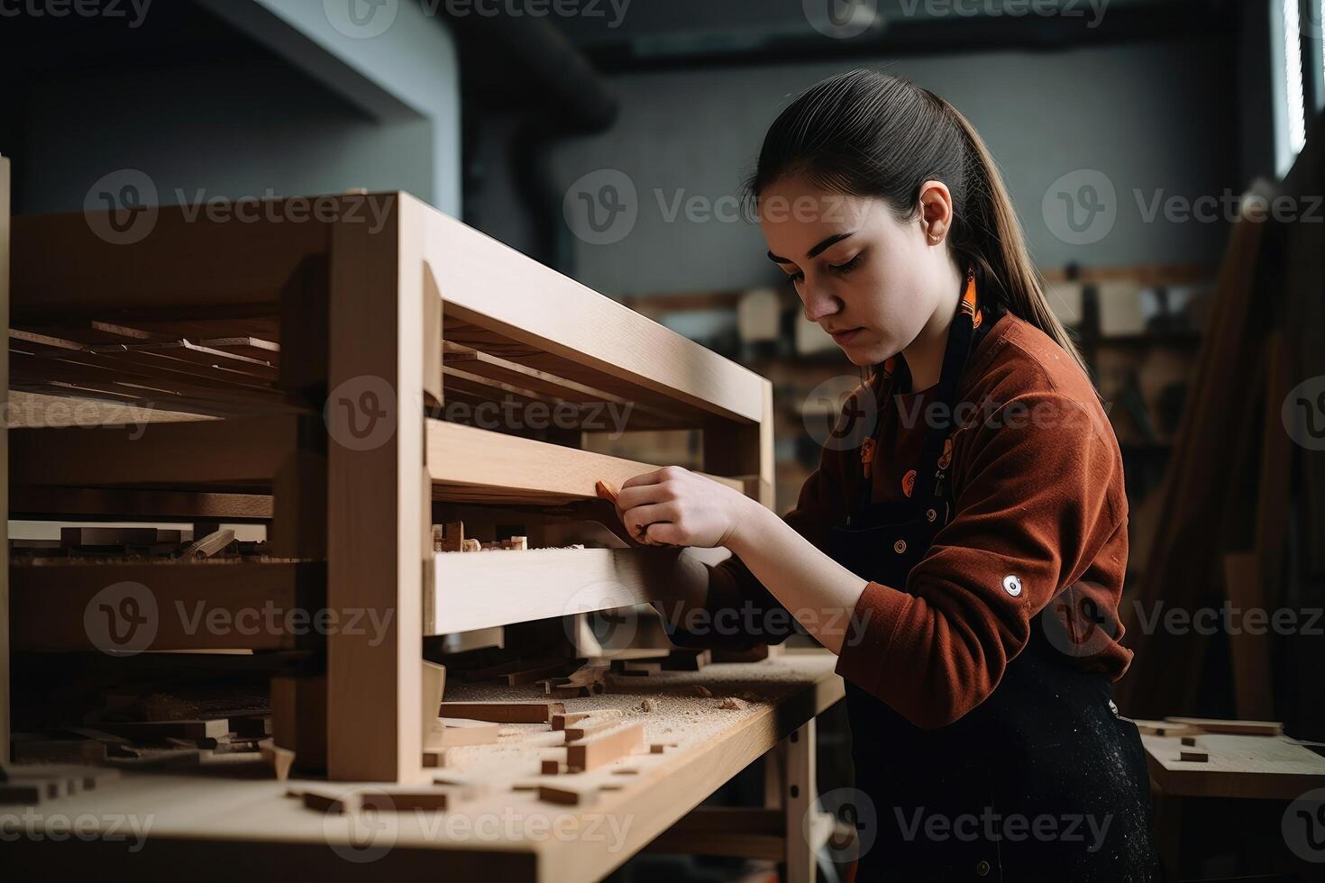 un hembra artesano construye un estante creado con generativo ai tecnología. foto