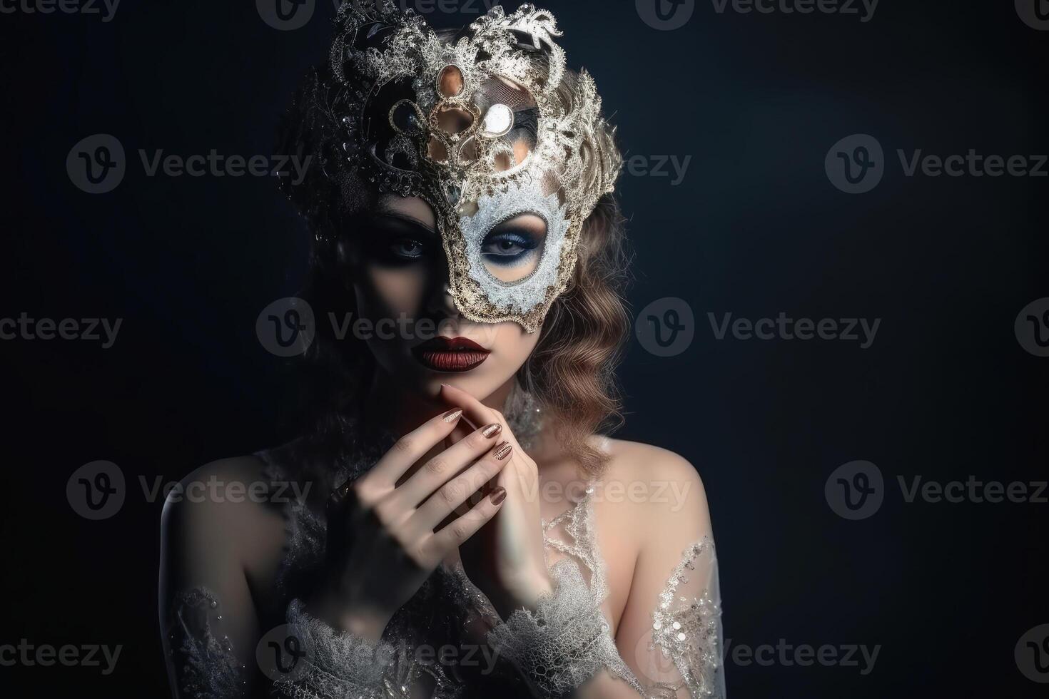A beautiful woman in an elegant dress with a Venetian carnival mask created with technology. photo