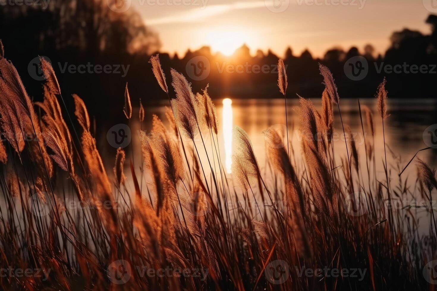 Beautiful reed grass by a lake at sunset created with technology. photo