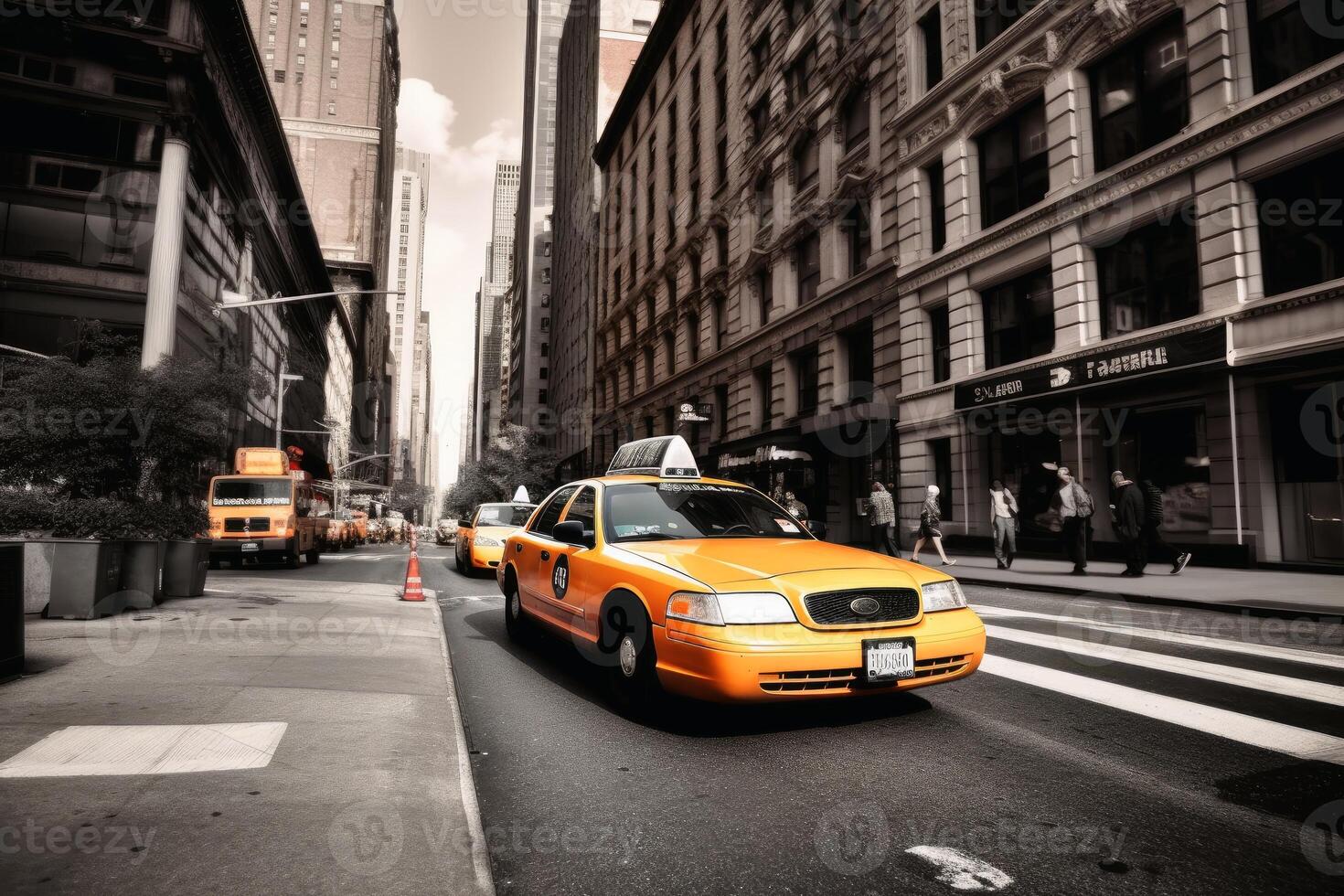 un amarillo Taxi en el calles de nuevo York creado con generativo ai tecnología. foto