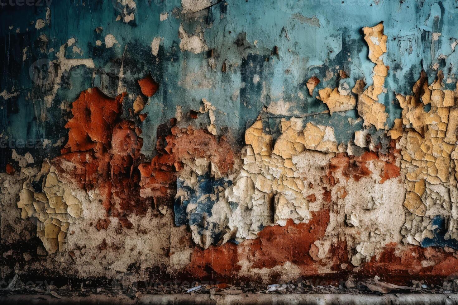 A very old vintage wall background with paint peeling created with technology. photo