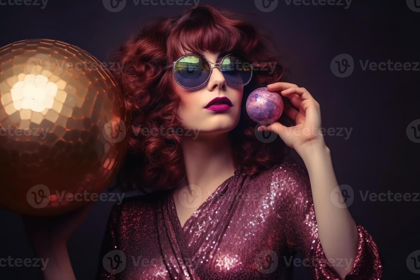 Young woman in an 80s disco outfit created with technology. photo