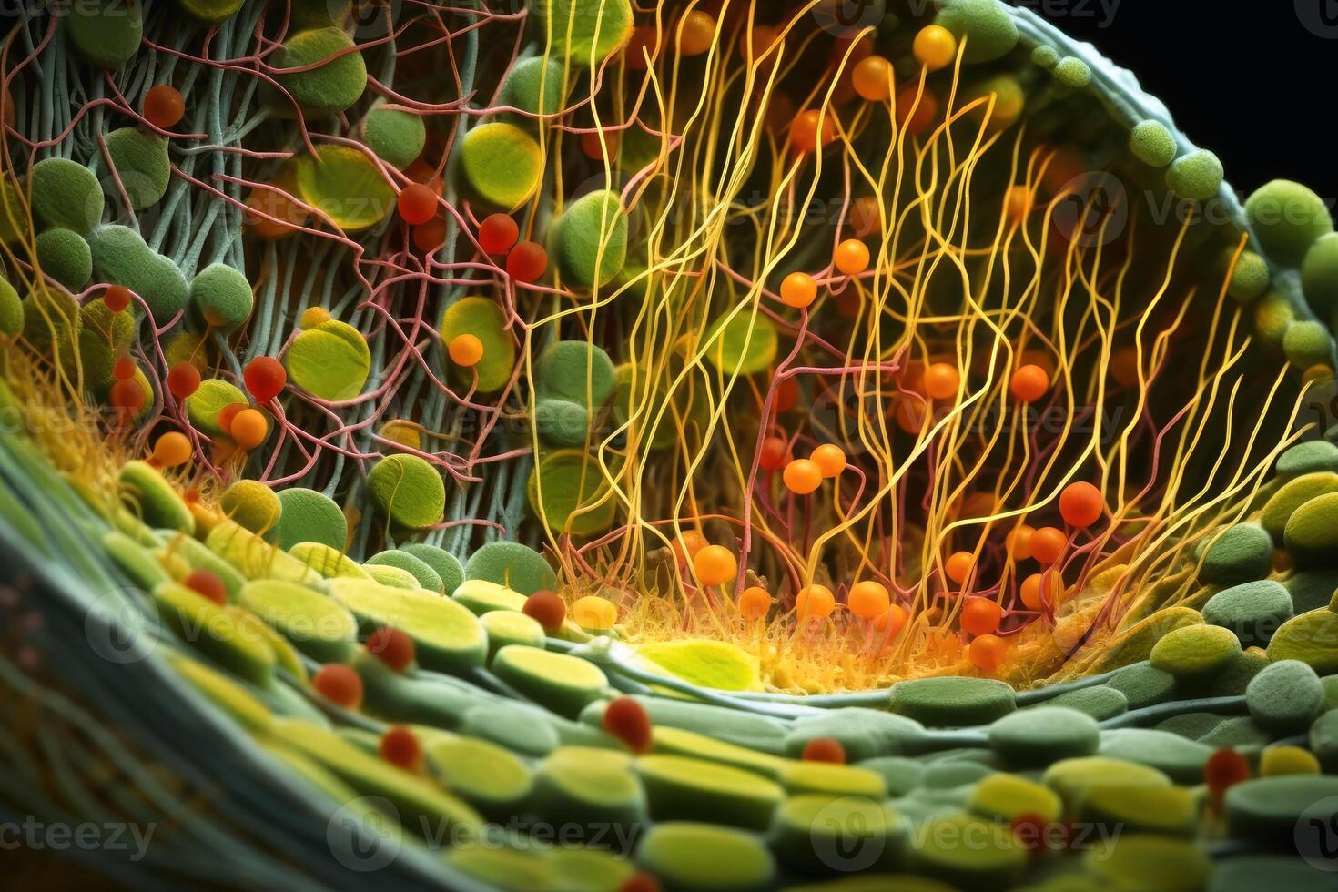 Closeup of plant cell structures background created with technology. photo