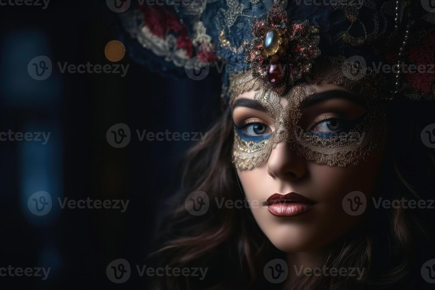 A beautiful woman in an elegant dress with a Venetian carnival mask created with technology. photo