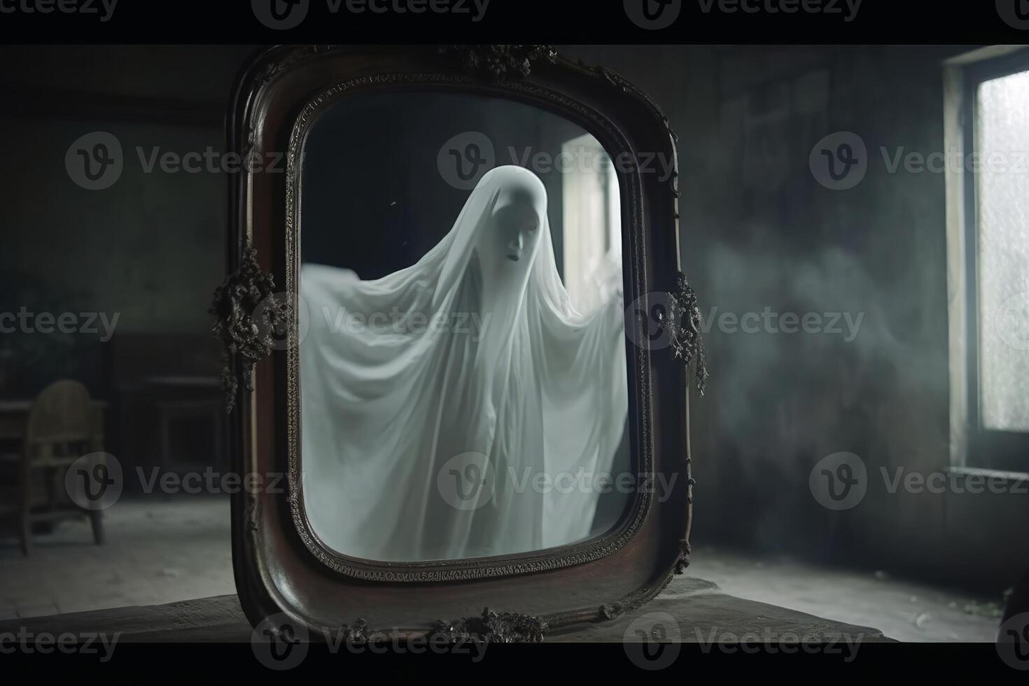 A ghost coming out of an old mirror created with technology. photo