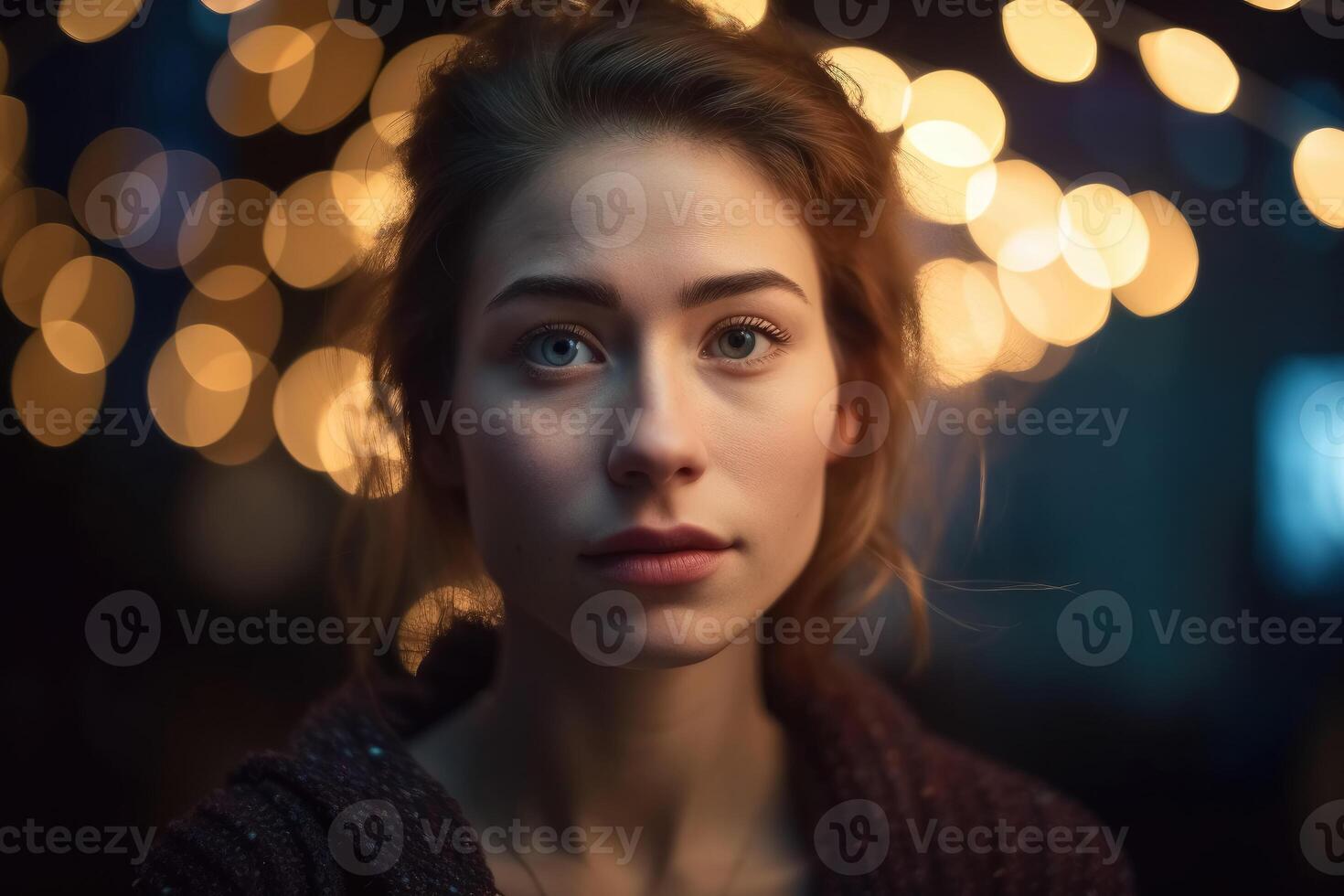 A beautiful portrait of a young woman with soft bokeh lights created with technology. photo