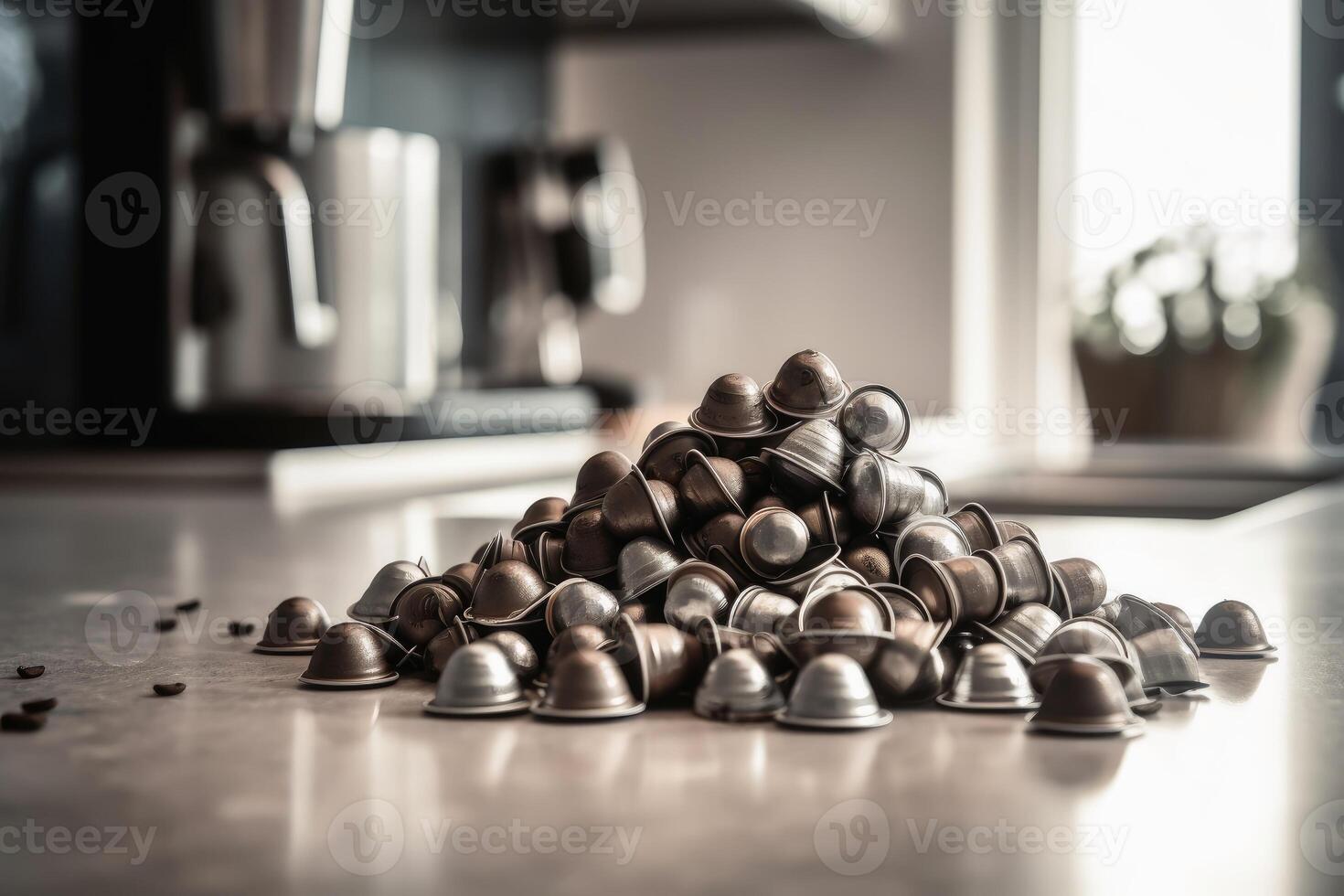 A large pile of empty aluminium coffee capsules next to a coffee machine in a modern kitchen created with technology. photo