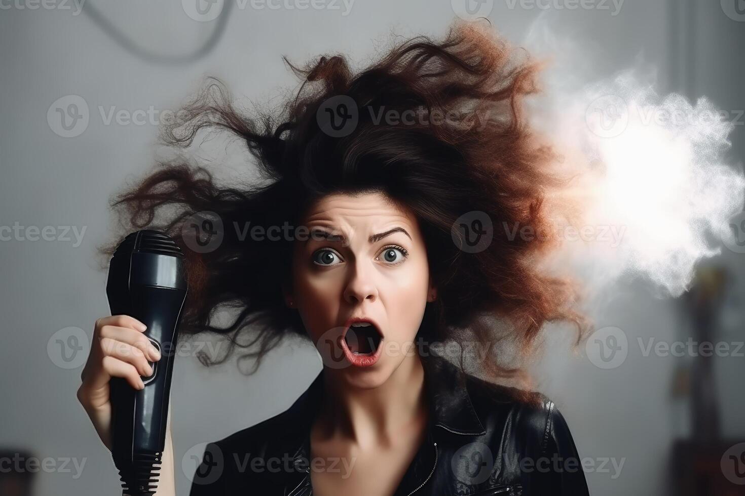 A woman with a very wild hairstyle looks amazed at an exploded hairdryer created with technology. photo