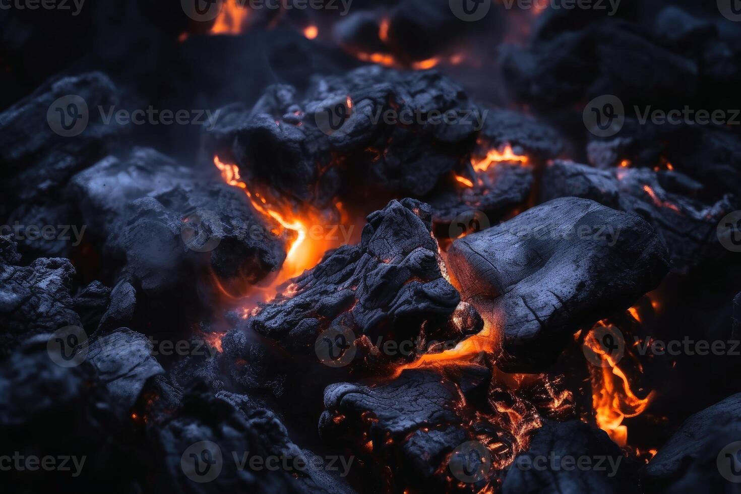 Glowing ember from burning coal background texture created with technology. photo