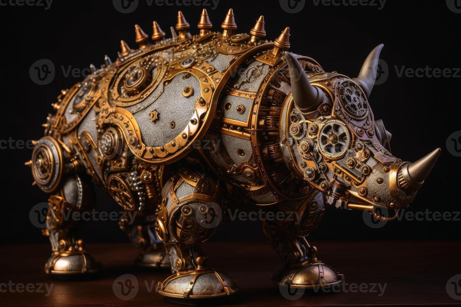 A steampunk rhino with lots of screws and cogwheels created with technology. photo