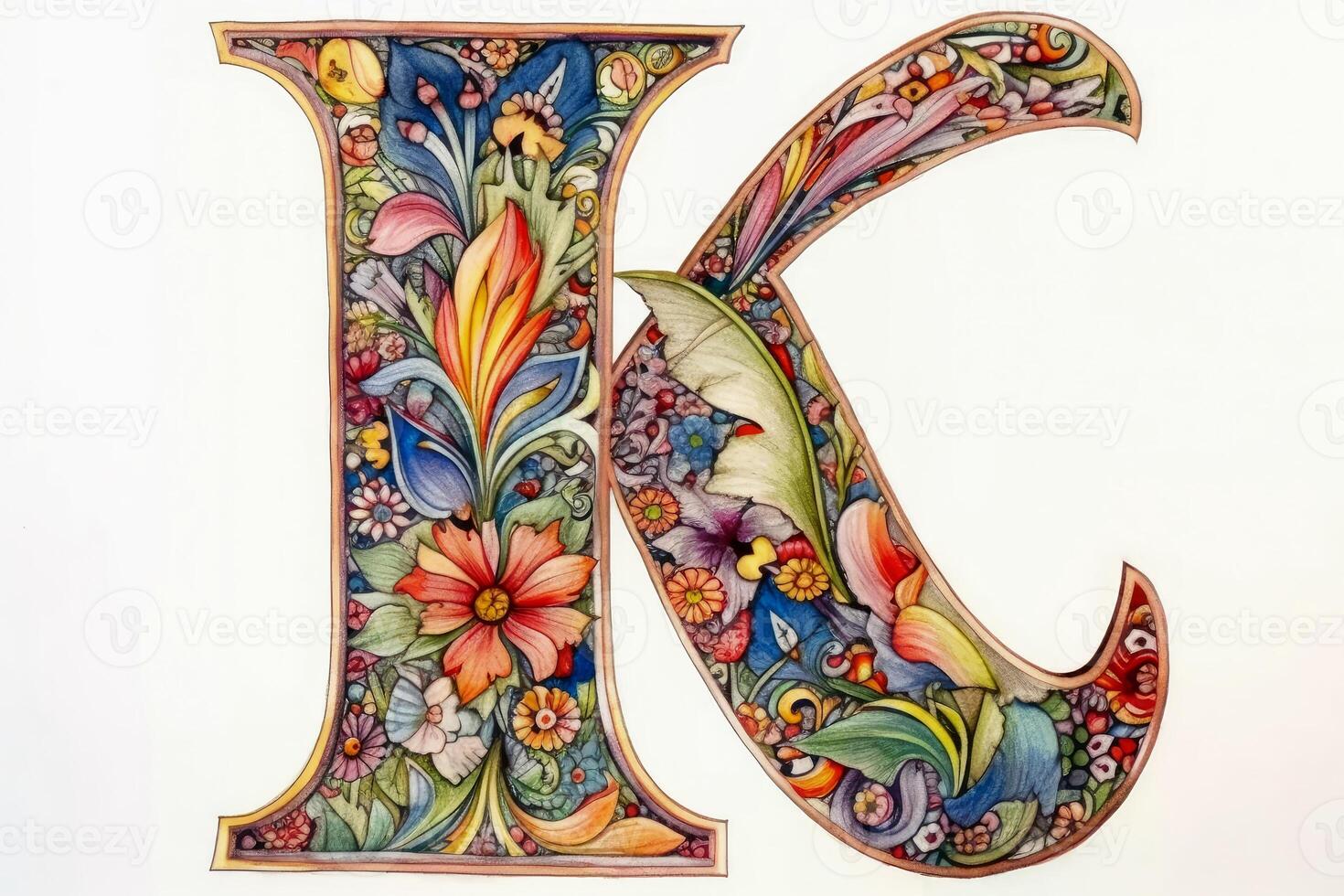 A very colourful and ornate letter K on a white background created with technology. photo