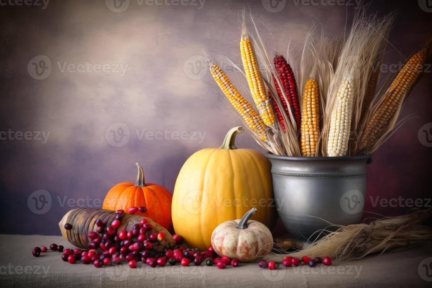 Festive thanksgiving background with pumpkins and ears created with technology. photo