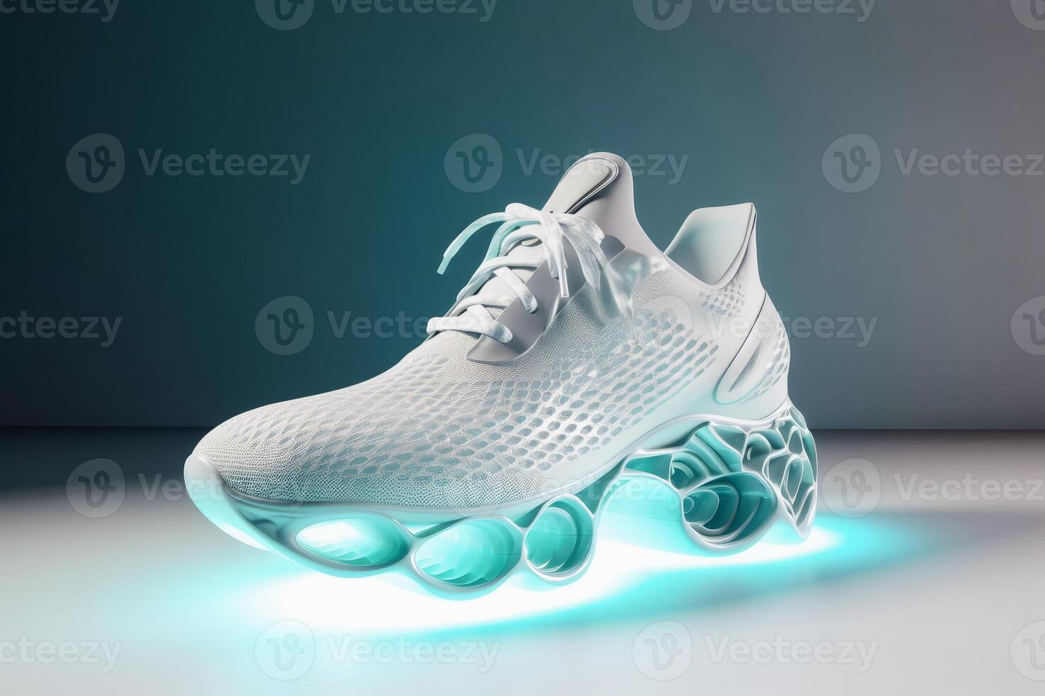 A futuristic sports shoe on a light background created with technology. photo
