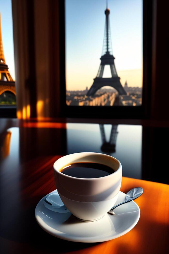 coffee cup in front of an illuminated street with the eiffel tower in the background, photo